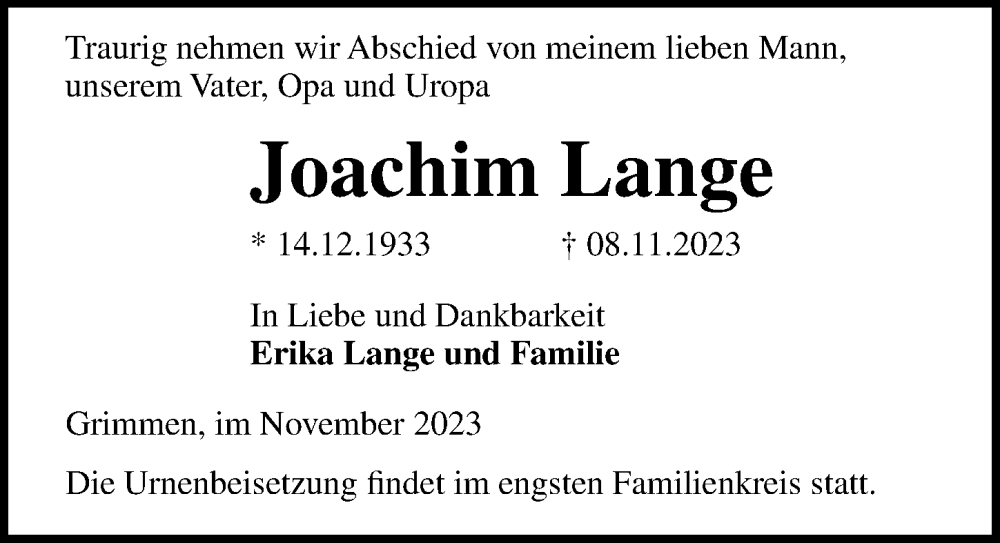 Traueranzeigen Von Joachim Lange Trauer Anzeigen De