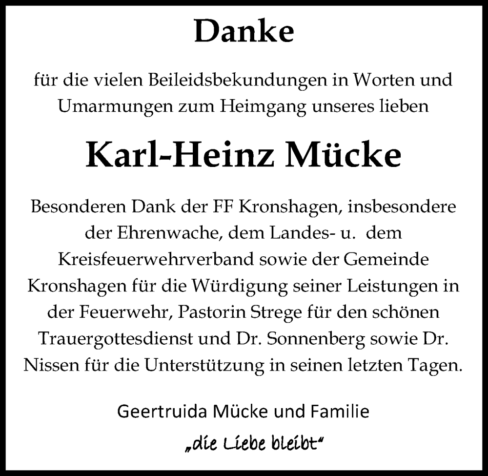 Traueranzeigen von Karl Heinz Mücke trauer anzeigen de