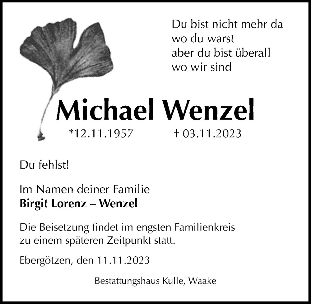 Traueranzeigen Von Michael Wenzel Trauer Anzeigen De