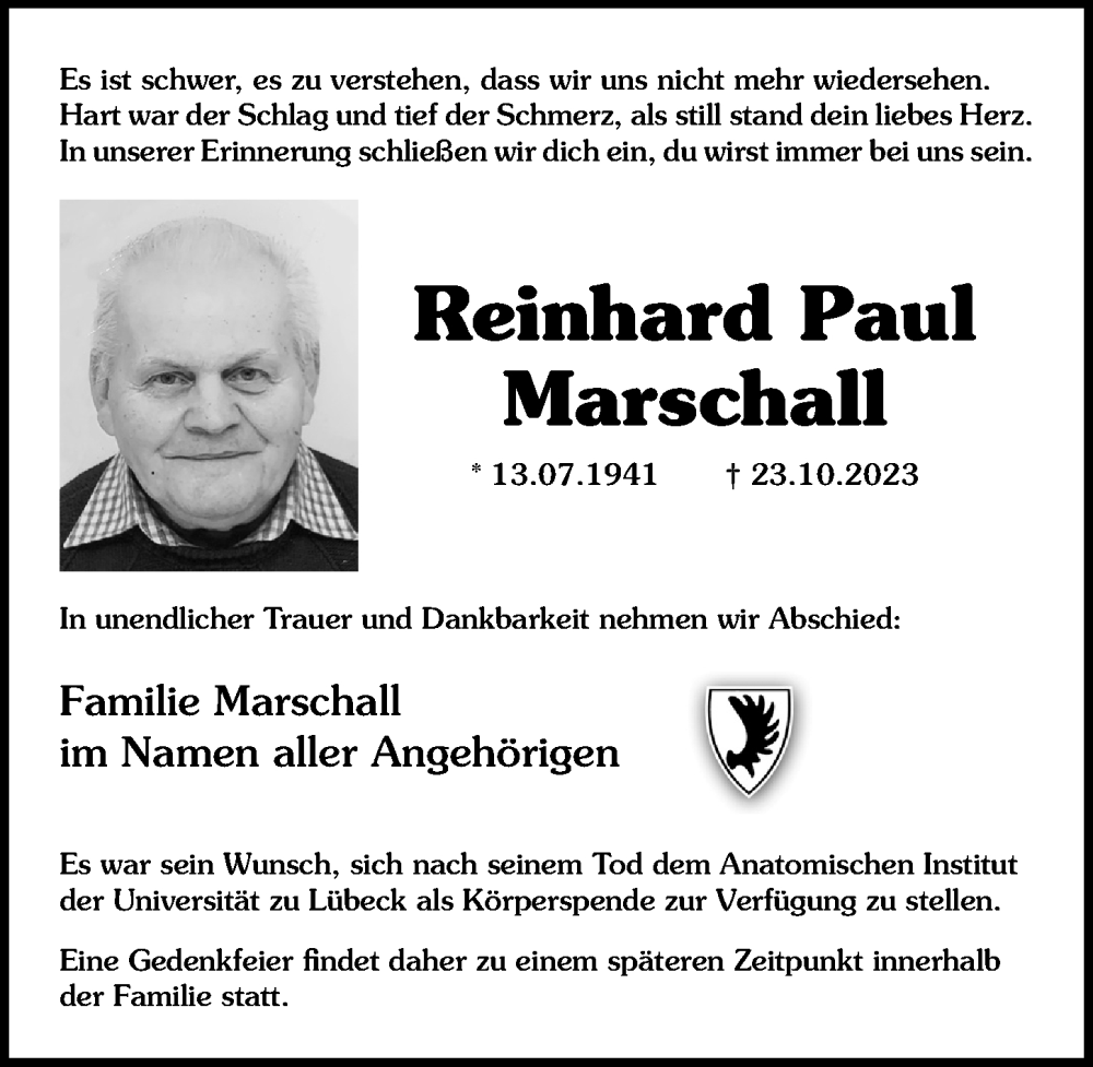 Traueranzeigen Von Reinhard Paul Marschall Trauer Anzeigen De