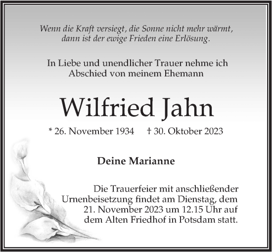 Traueranzeigen Von Wilfried Jahn Trauer Anzeigen De