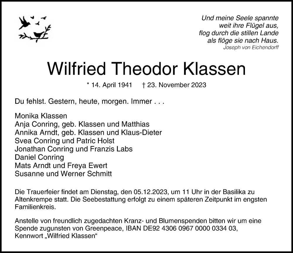 Traueranzeigen Von Wilfried Theodor Klassen Trauer Anzeigen De