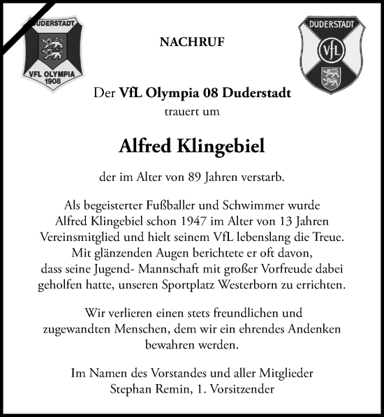 Traueranzeigen Von Alfred Klingebiel Trauer Anzeigen De