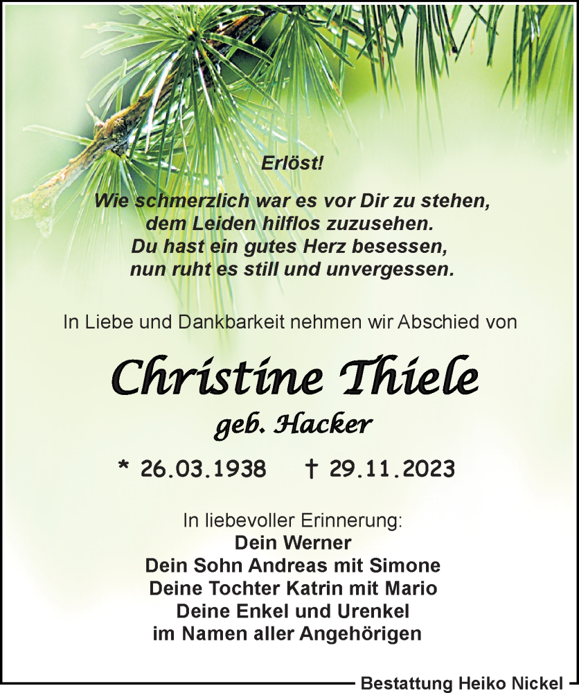 Traueranzeigen Von Christine Thiele Trauer Anzeigen De