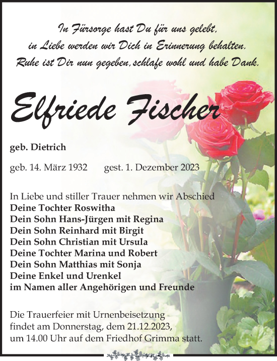 Traueranzeigen Von Elfriede Fischer Trauer Anzeigen De