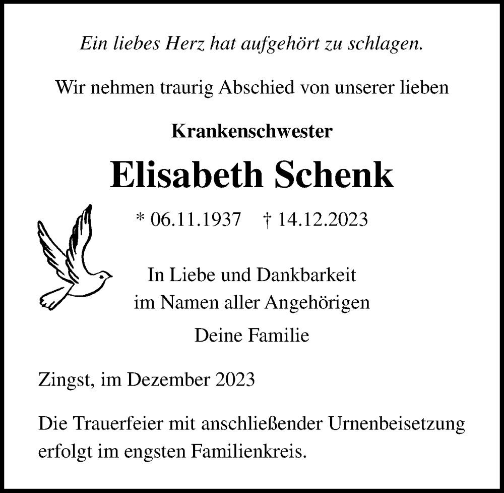 Traueranzeigen Von Elisabeth Schenk Trauer Anzeigen De