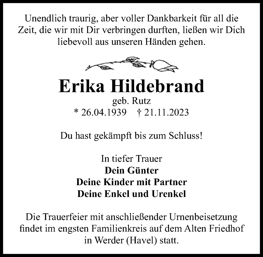 Traueranzeigen Von Erika Hildebrand Trauer Anzeigen De