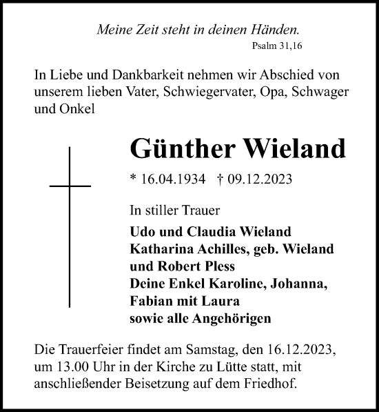 Traueranzeigen von Günther Wieland trauer anzeigen de