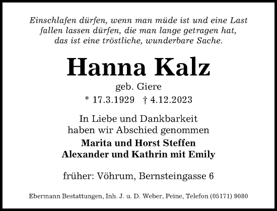 Traueranzeigen Von Hanna Kalz Trauer Anzeigen De