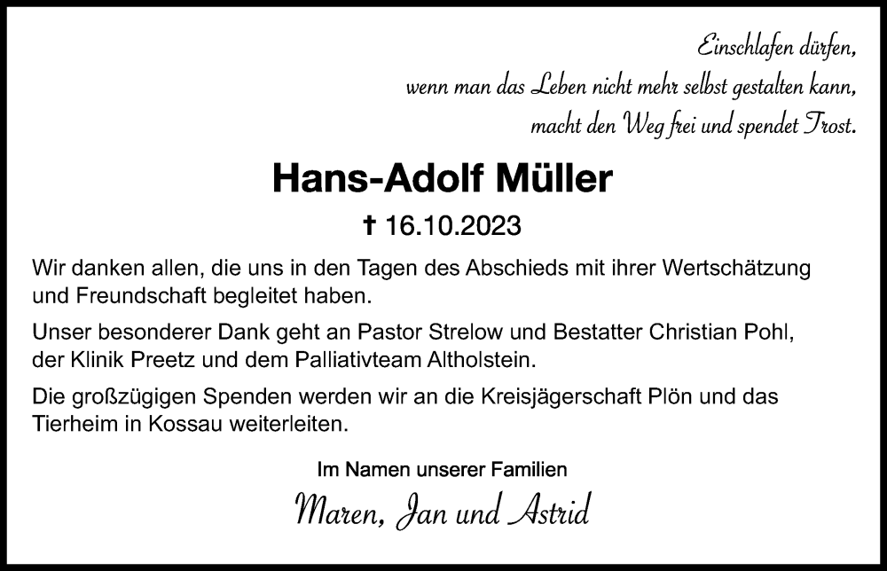 Traueranzeigen von Hans Adolf Müller trauer anzeigen de