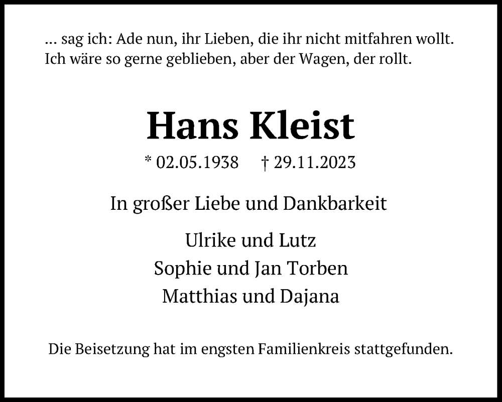 Traueranzeigen Von Hans Kleist Trauer Anzeigen De