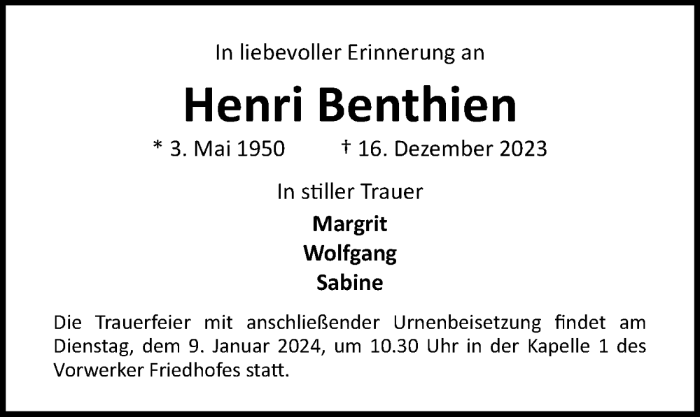 Traueranzeigen Von Henri Benthien Trauer Anzeigen De