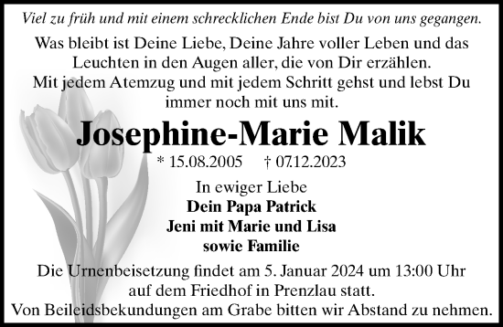 Traueranzeigen Von Josephine Marie Malik Trauer Anzeigen De