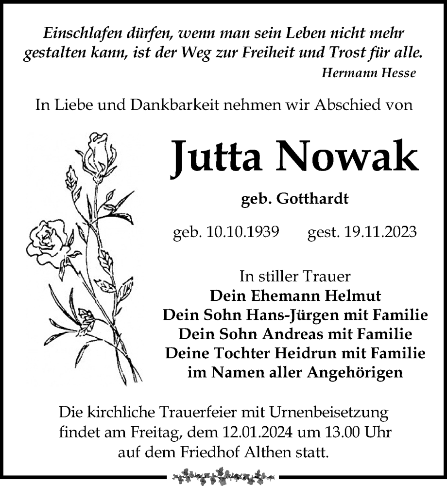 Traueranzeigen Von Jutta Nowak Trauer Anzeigen De