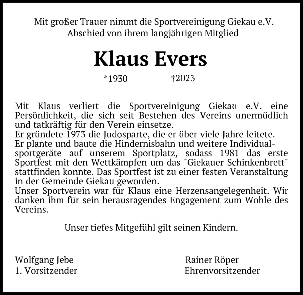 Traueranzeigen Von Klaus Evers Trauer Anzeigen De