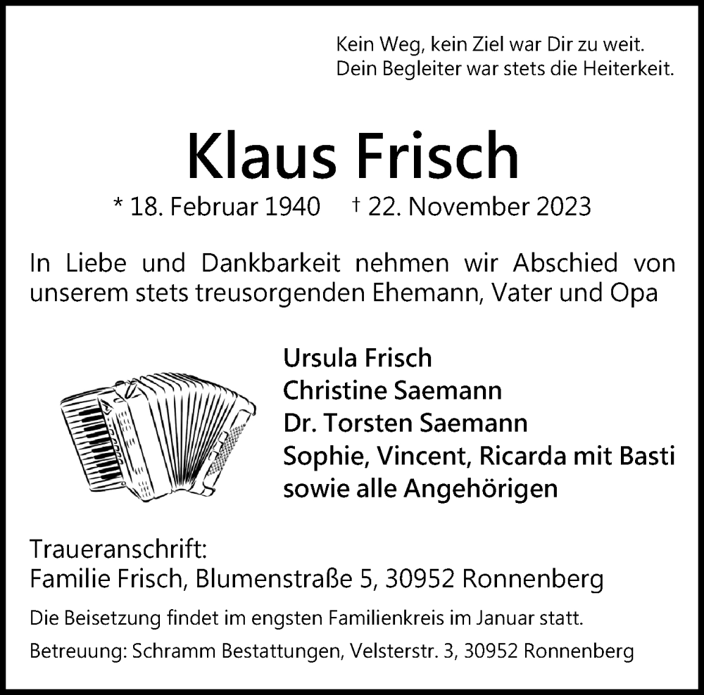 Traueranzeigen Von Klaus Frisch Trauer Anzeigen De