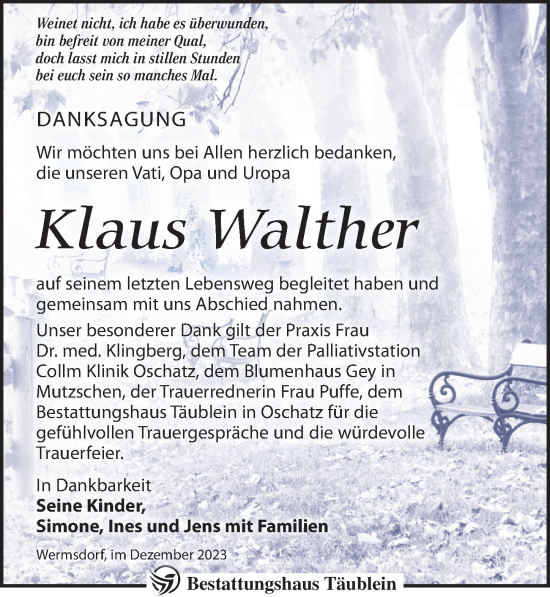 Traueranzeigen Von Klaus Walther Trauer Anzeigen De