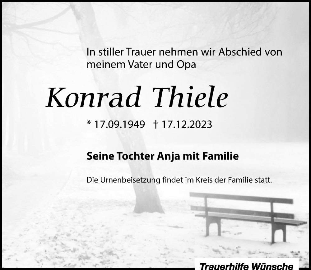 Traueranzeigen Von Konrad Thiele Trauer Anzeigen De