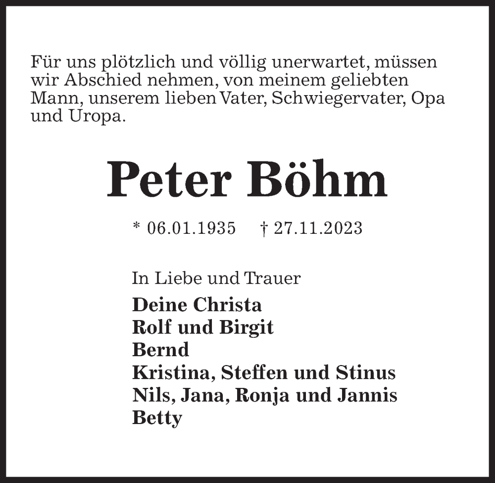 Traueranzeigen von Peter Böhm trauer anzeigen de