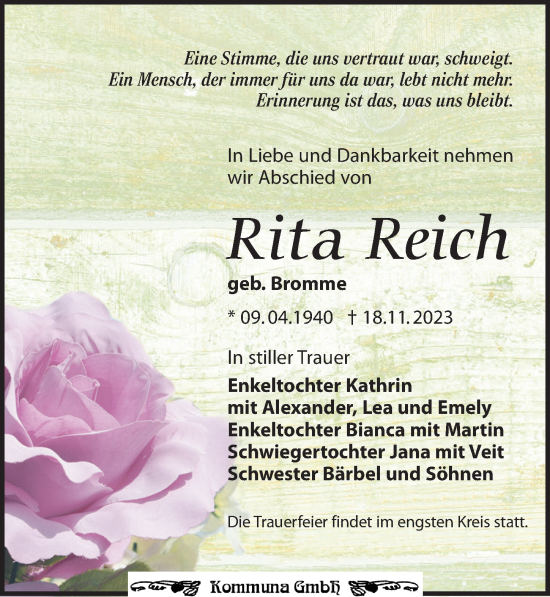 Traueranzeigen Von Rita Reich Trauer Anzeigen De