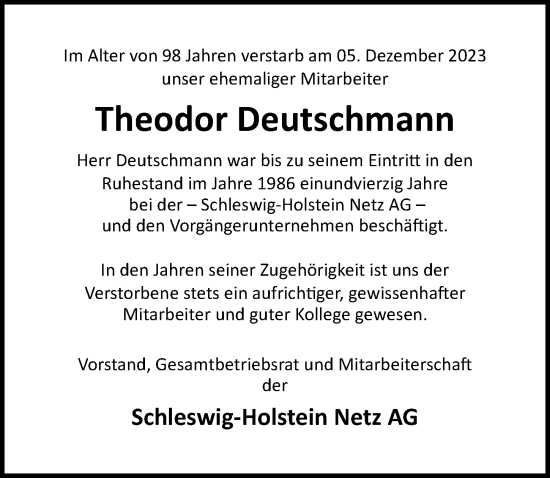 Traueranzeigen Von Theodor Deutschmann Trauer Anzeigen De