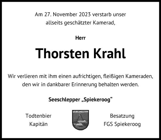 Traueranzeigen Von Thorsten Krahl Trauer Anzeigen De