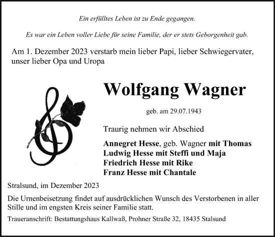 Traueranzeigen Von Wolfgang Wagner Trauer Anzeigen De