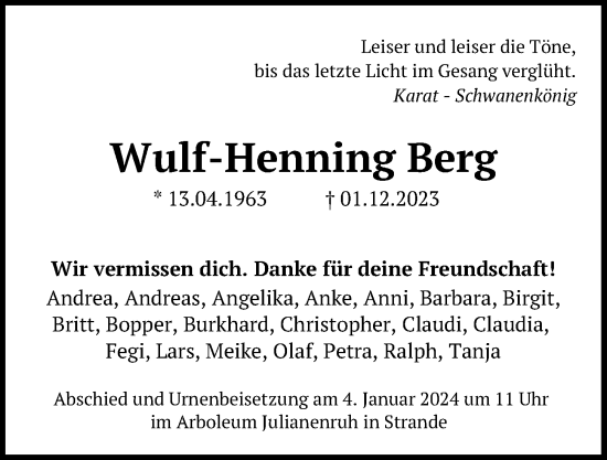 Traueranzeigen Von Wulf Henning Berg Trauer Anzeigen De