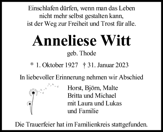 Traueranzeigen Von Anneliese Witt Trauer Anzeigen De