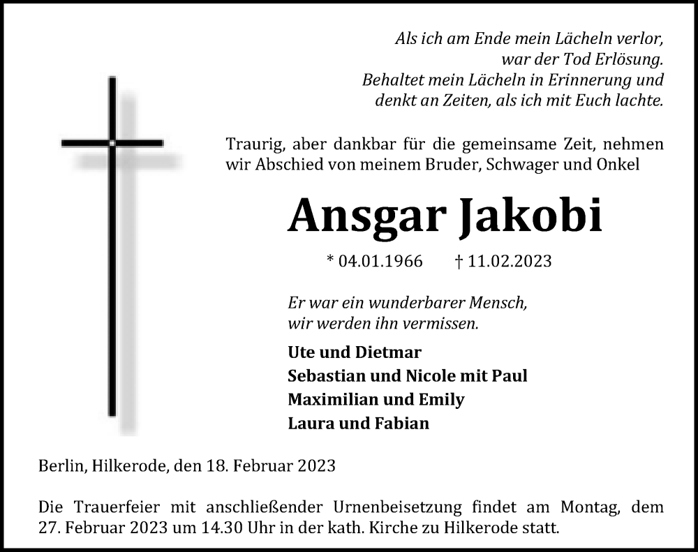 Traueranzeigen Von Ansgar Jakob Trauer Anzeigen De