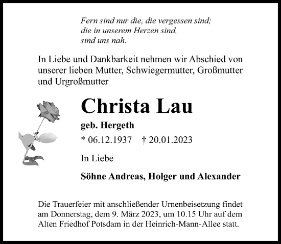 Traueranzeigen Von Christa Lau Trauer Anzeigen De