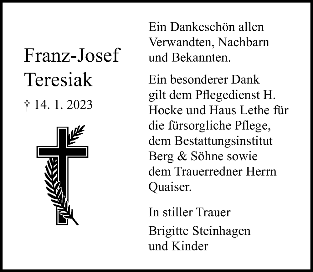 Traueranzeigen Von Franz Josef Teresiak Trauer Anzeigen De