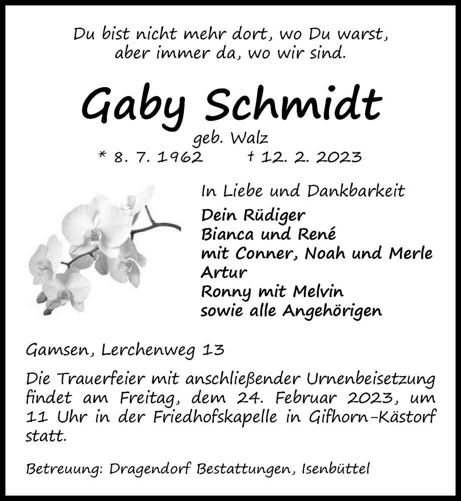 Traueranzeigen Von Gaby Schmidt Trauer Anzeigen De