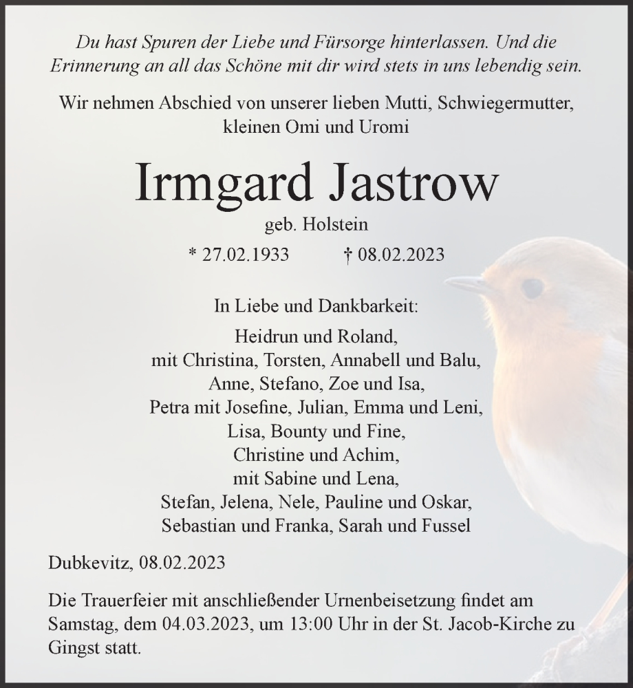 Traueranzeigen Von Irmgard Jastrow Trauer Anzeigen De