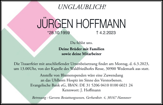 Traueranzeigen von Jürgen Hoffmann trauer anzeigen de