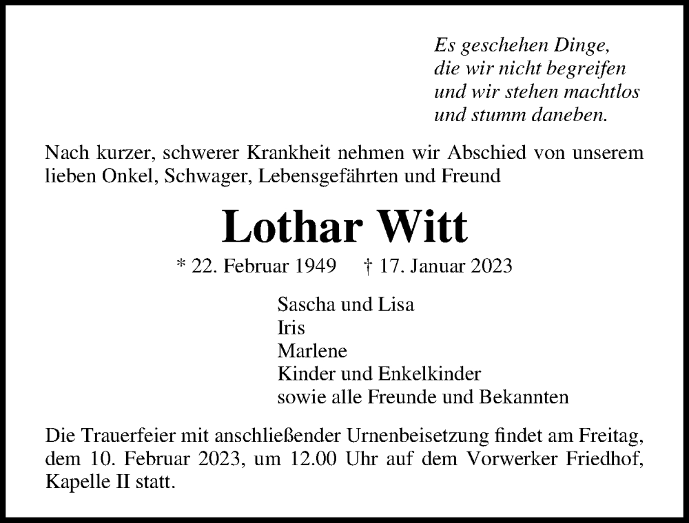 Traueranzeigen Von Lothar Witt Trauer Anzeigen De