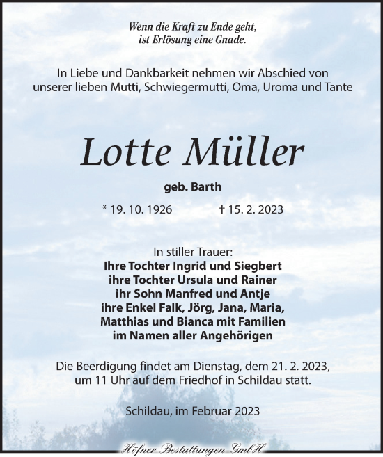 Traueranzeigen von Lotte Müller trauer anzeigen de