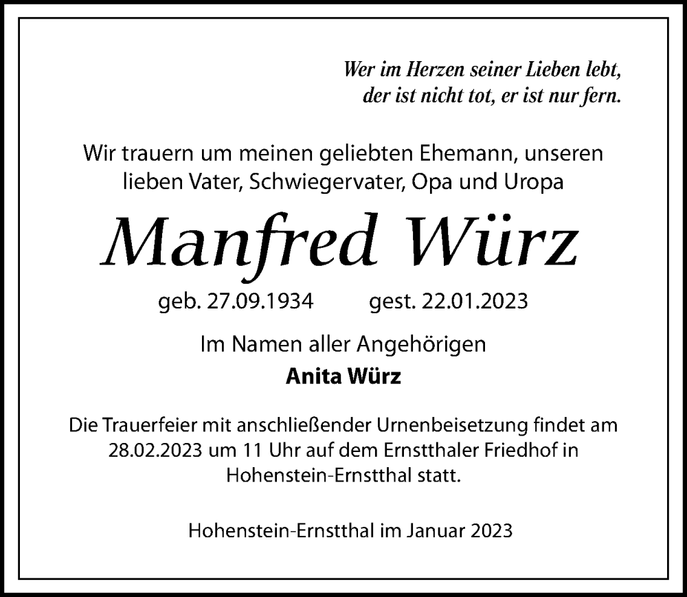 Traueranzeigen von Manfred Würz trauer anzeigen de