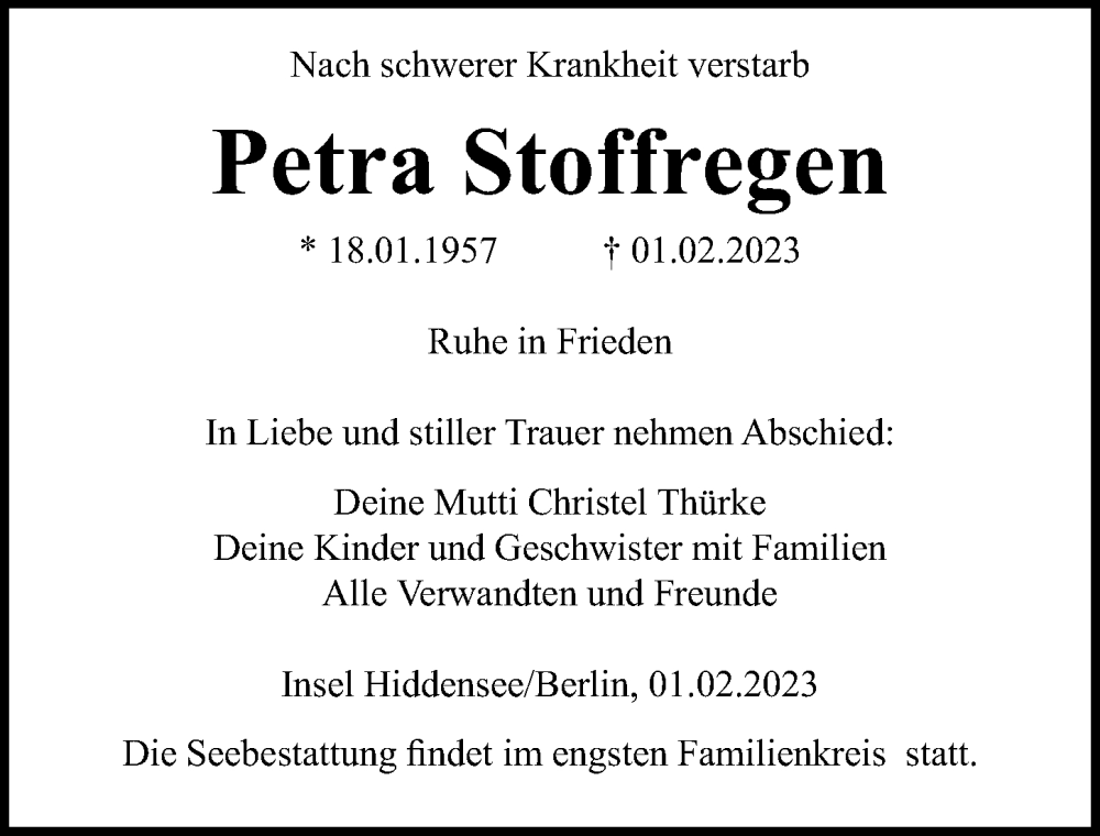 Traueranzeigen Von Petra Stoffregen Trauer Anzeigen De