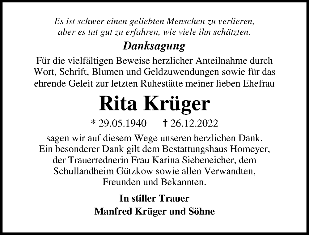 Traueranzeigen von Rita Krüger trauer anzeigen de