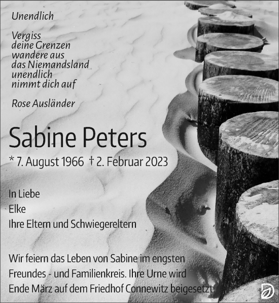 Traueranzeigen Von Sabine Peters Trauer Anzeigen De