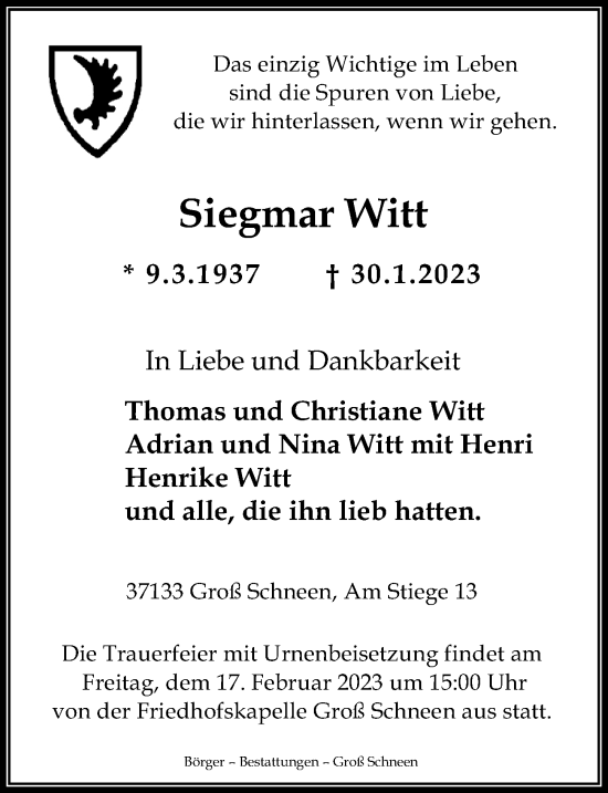 Traueranzeigen Von Siegmar Witt Trauer Anzeigen De