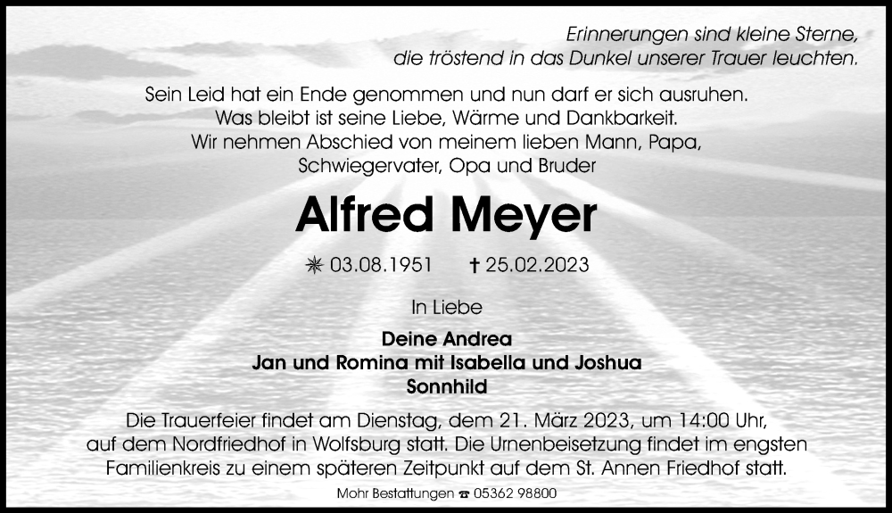 Traueranzeigen Von Alfred Meyer Trauer Anzeigen De