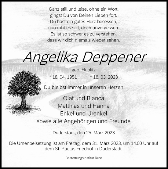 Traueranzeigen Von Angelika Deppener Trauer Anzeigen De