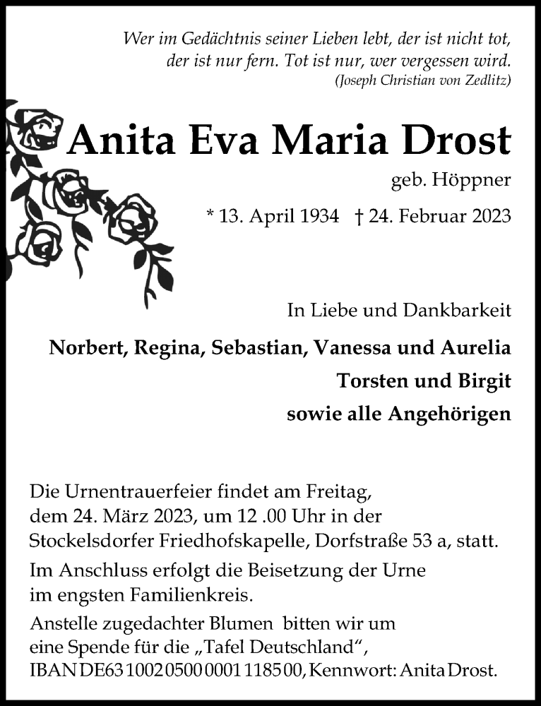 Traueranzeigen Von Anita Eva Maria Drost Trauer Anzeigen De