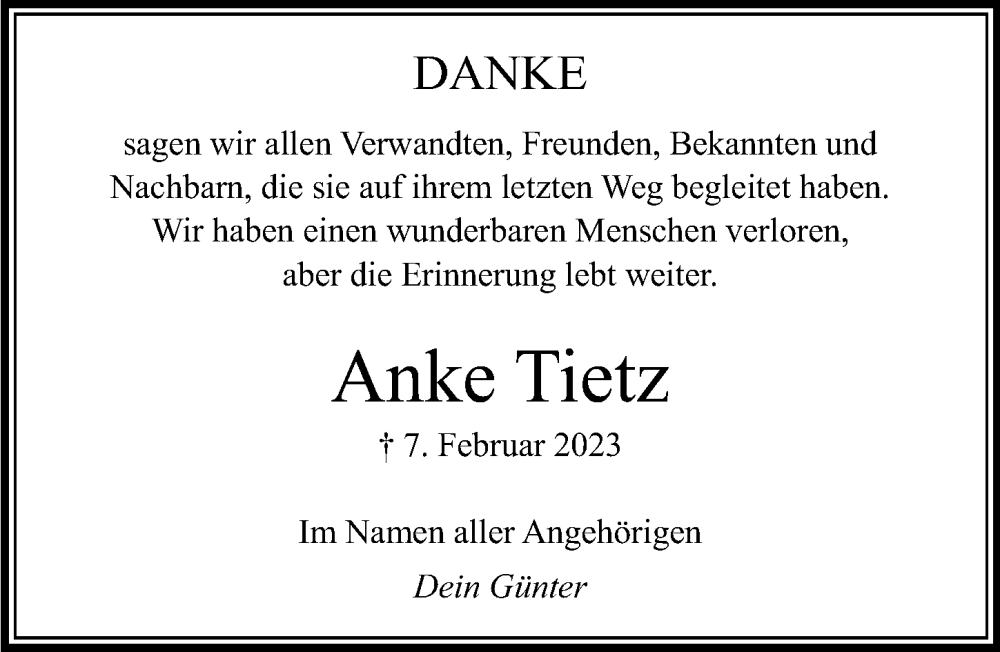 Traueranzeigen Von Anke Tietz Trauer Anzeigen De