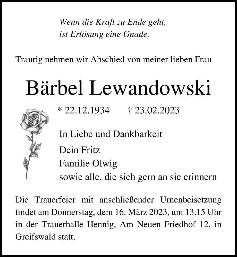 Traueranzeigen von Bärbel Lewandowski trauer anzeigen de