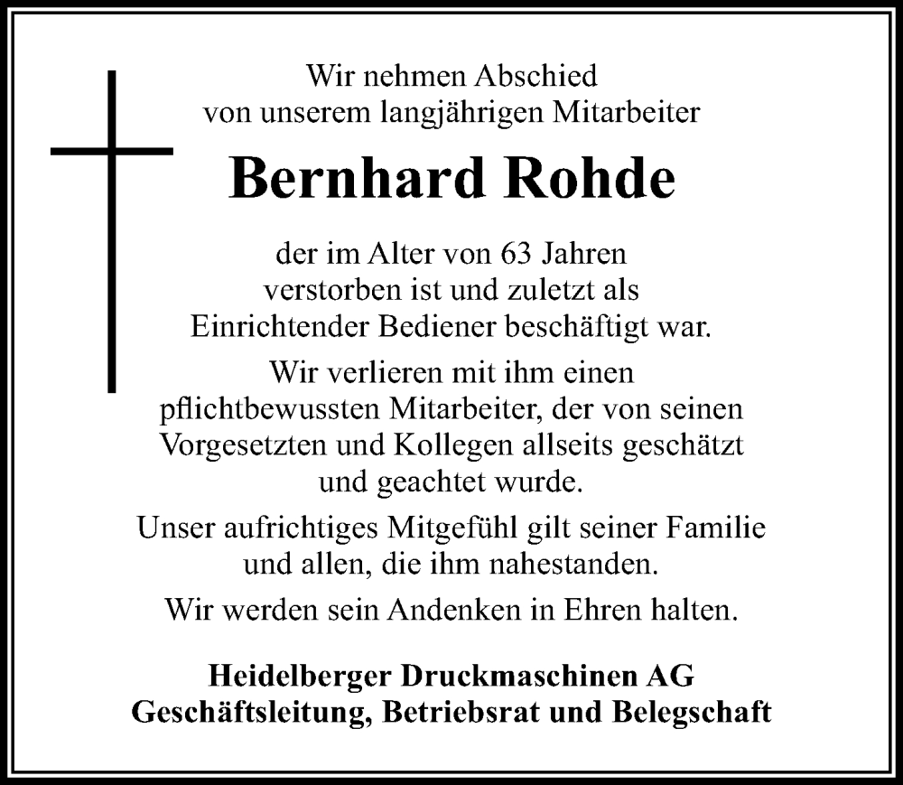 Traueranzeigen Von Bernhard Rohde Trauer Anzeigen De