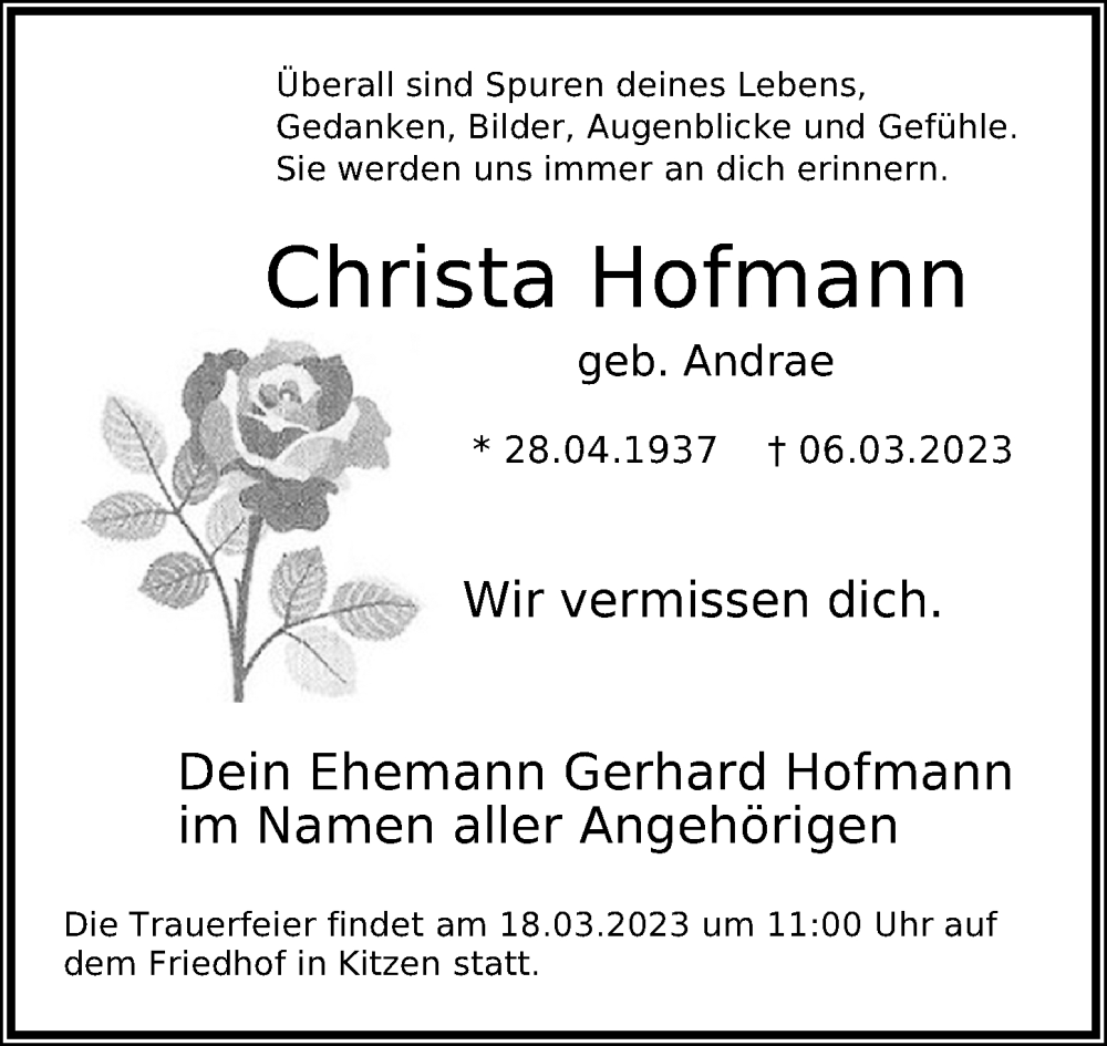 Traueranzeigen Von Christa Hofmann Trauer Anzeigen De