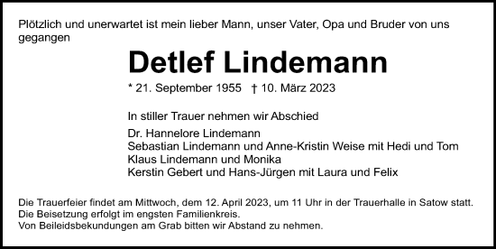 Traueranzeigen Von Detlef Lindemann Trauer Anzeigen De